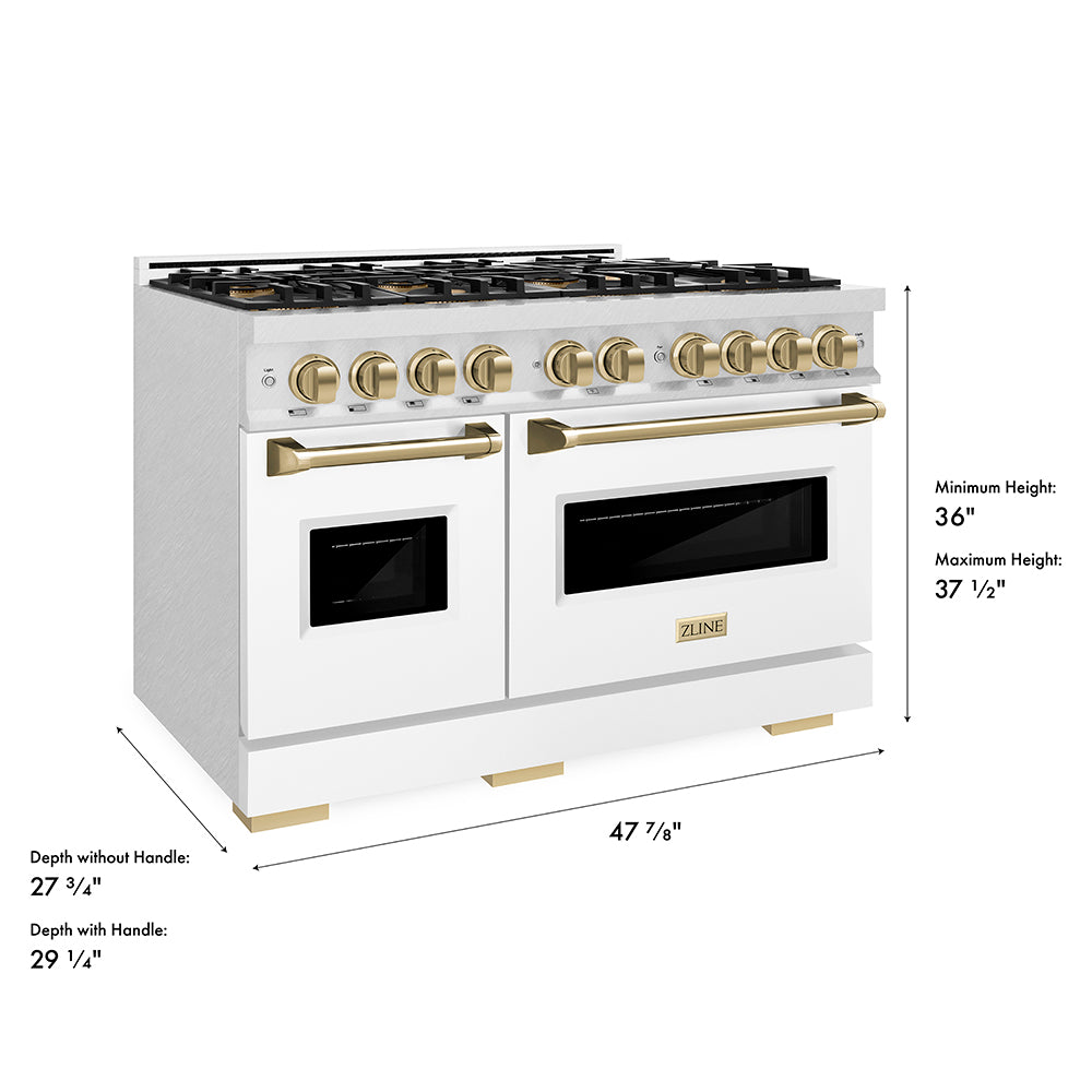 ZLINE Autograph Edition 48 in. 6.7 cu. ft. Classic Dual Fuel Range with 8 Burner DuoPro™ Cooktop and Dual Ovens in Satin Stainless Steel with White Matte Doors and Champagne Bronze Accents, Open Box-Great Condition