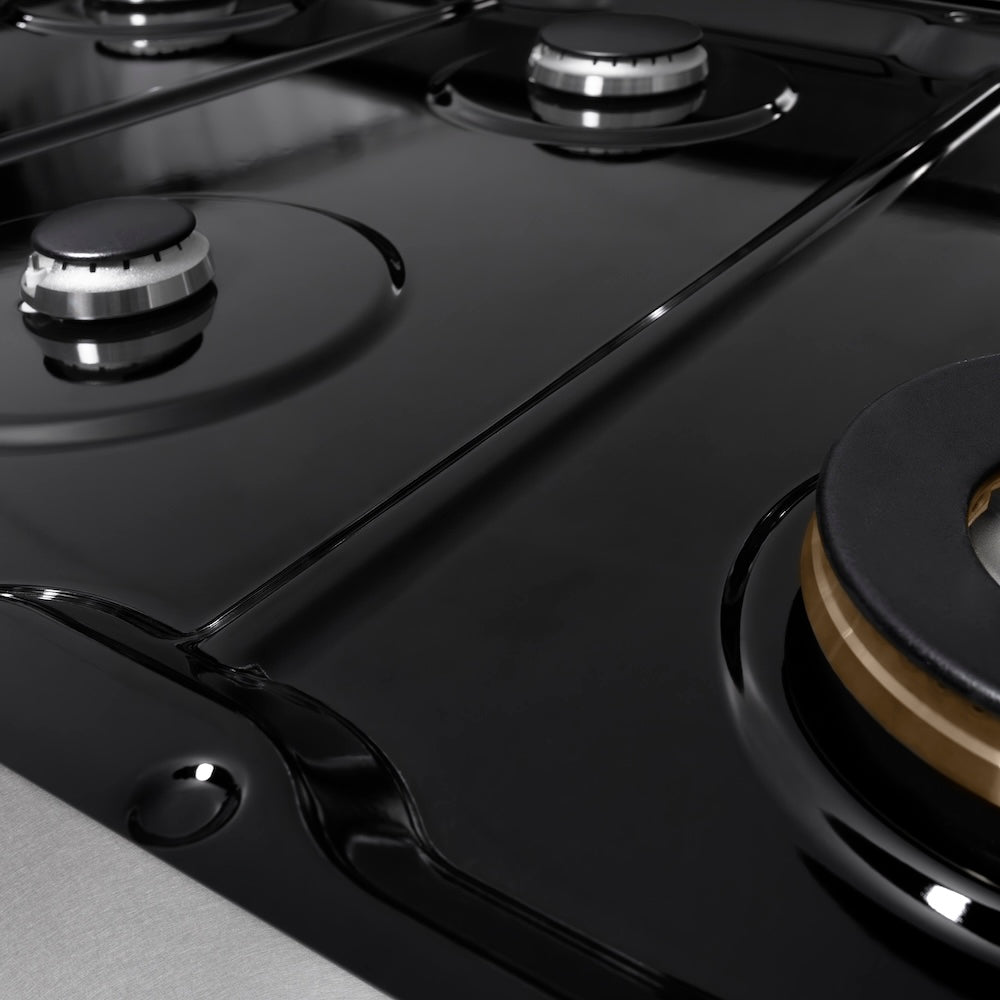 ZLINE 48 in. Classic Gas Rangetop with 8 Burners and Porcelain Cooktop in Satin Stainless Steel (RTS-48) burners on black porcelain cooktop with no grates.