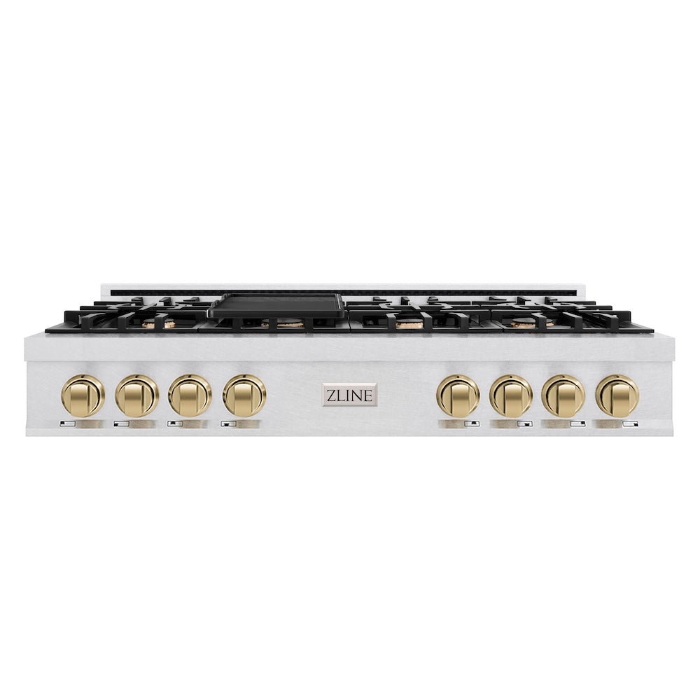 ZLINE Autograph Edition 48 in. Classic Gas Rangetop with 8 Burners and Porcelain Cooktop in Satin Stainless Steel with Champagne Bronze Accents (RTSZ-48-CB)