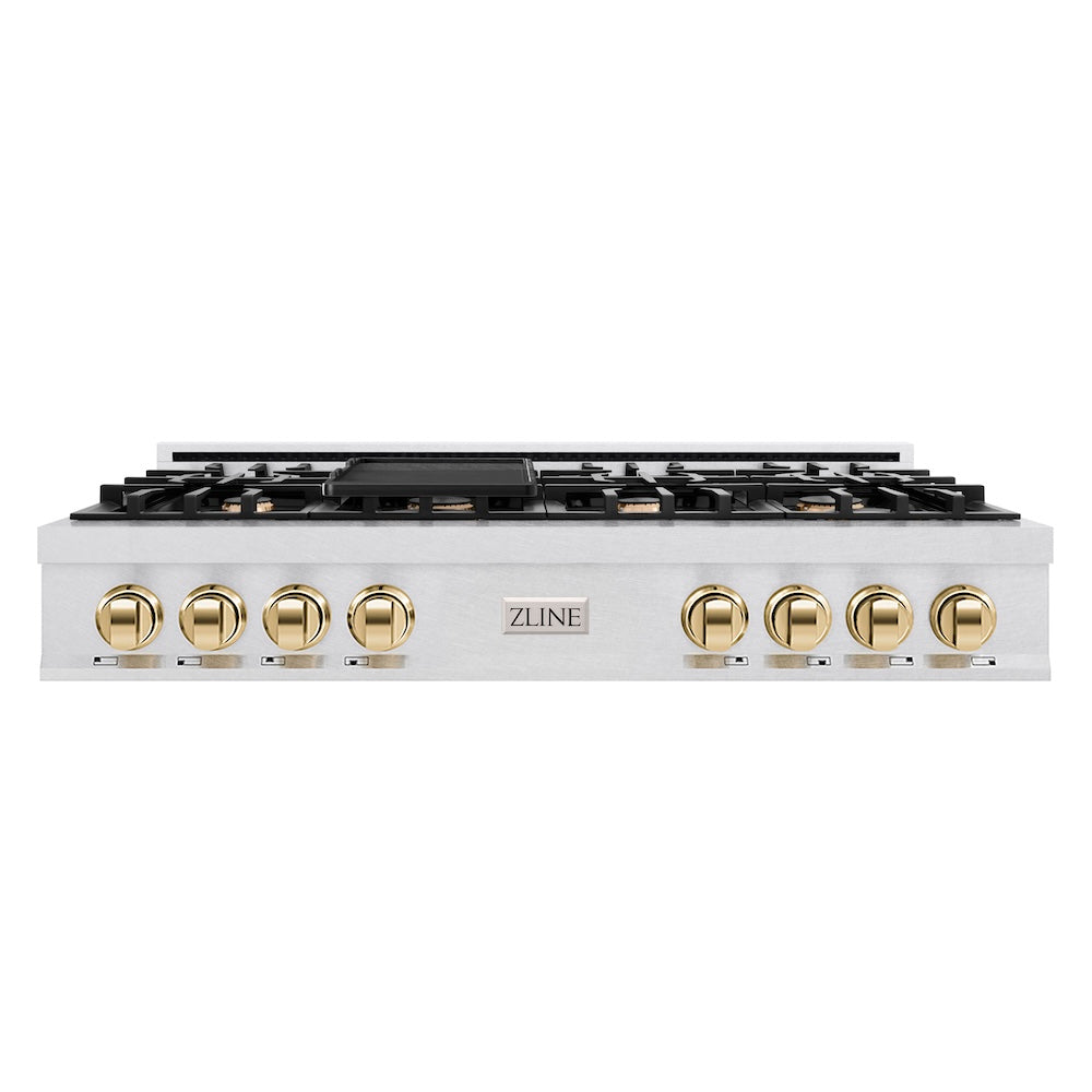 ZLINE Autograph Edition 48 in. Classic Gas Rangetop with 8 Burners and Porcelain Cooktop in Satin Stainless Steel with Polished Gold Accents (RTSZ-48-G)