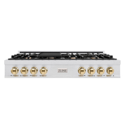 ZLINE Autograph Edition 48 in. Classic Gas Rangetop with 8 Burners and Porcelain Cooktop in Satin Stainless Steel with Polished Gold Accents (RTSZ-48-G)