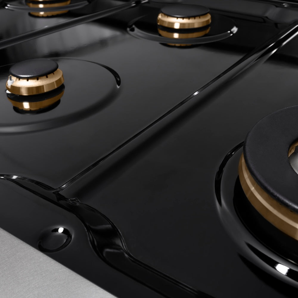 ZLINE Autograph Edition 48 in. Classic Gas Rangetop with 8 Burners and Porcelain Cooktop in Satin Stainless Steel with Matte Black Accents (RTSZ-48-MB) burners on black porcelain cooktop with no grates.