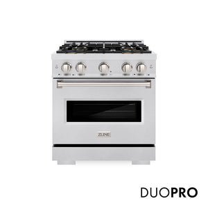 ZLINE 30 in. 4.2 cu. ft. Classic Gas Range with 4 Burner DuoPro™ Cooktop and Convection Gas Oven in Satin Stainless Steel (PCGRS-30) main image.