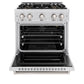 ZLINE 30 in. 4.2 cu. ft. Classic Gas Range with 4 Burner DuoPro™ Cooktop and Convection Gas Oven in Satin Stainless Steel (PCGRS-30) front, oven open.