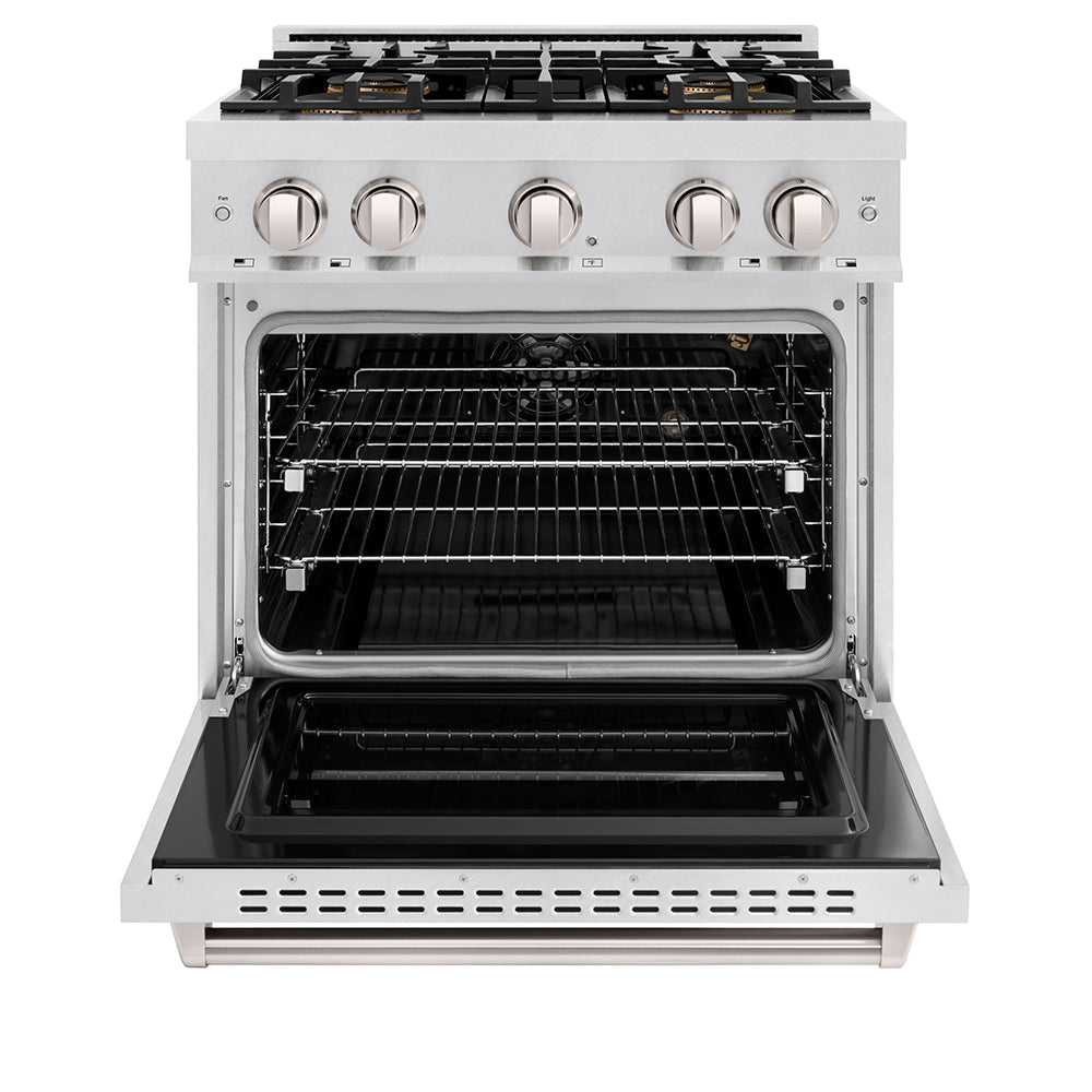 ZLINE 30 in. 4.2 cu. ft. Classic Gas Range with 4 Burner DuoPro™ Cooktop and Convection Gas Oven in Satin Stainless Steel (PCGRS-30) front, oven open.