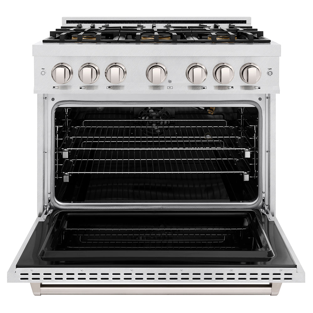 ZLINE 36 in. 5.2 cu. ft. Classic Gas Range with 6 Burner DuoPro™ Cooktop and Convection Gas Oven in Satin Stainless Steel, Open Box-Great Condition