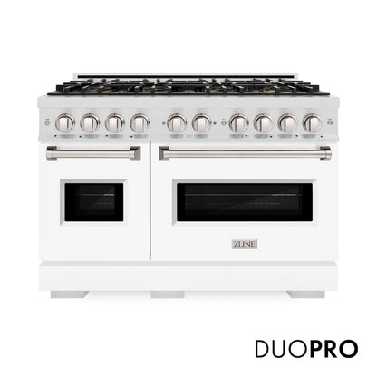 ZLINE 48 in. 6.7 cu. ft. Classic Gas Range with 8 Burner DuoPro™ Cooktop and Dual Ovens in Satin Stainless Steel with White Matte Doors (PCGRS-WM-48)