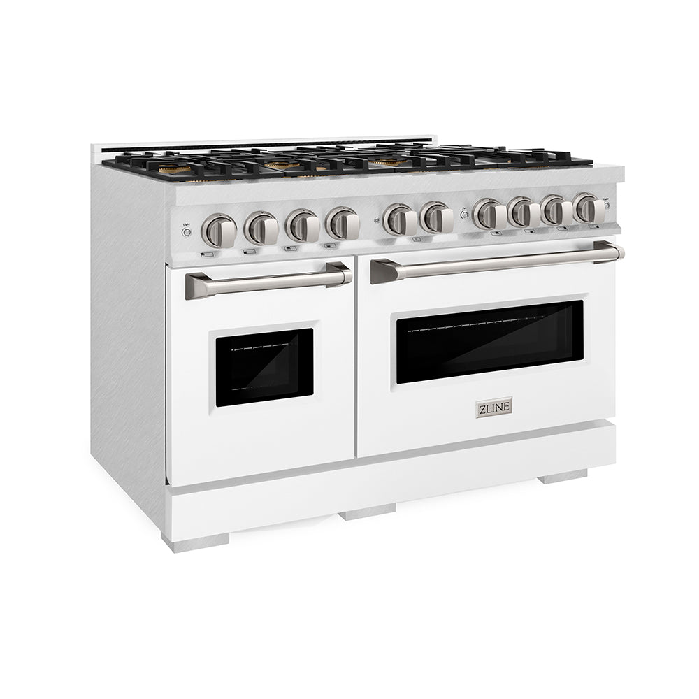 ZLINE 48 in. 6.7 cu. ft. Classic Gas Range with 8 Burner DuoPro™ Cooktop and Dual Ovens in Satin Stainless Steel with White Matte Doors (PCGRS-WM-48) side, oven closed.