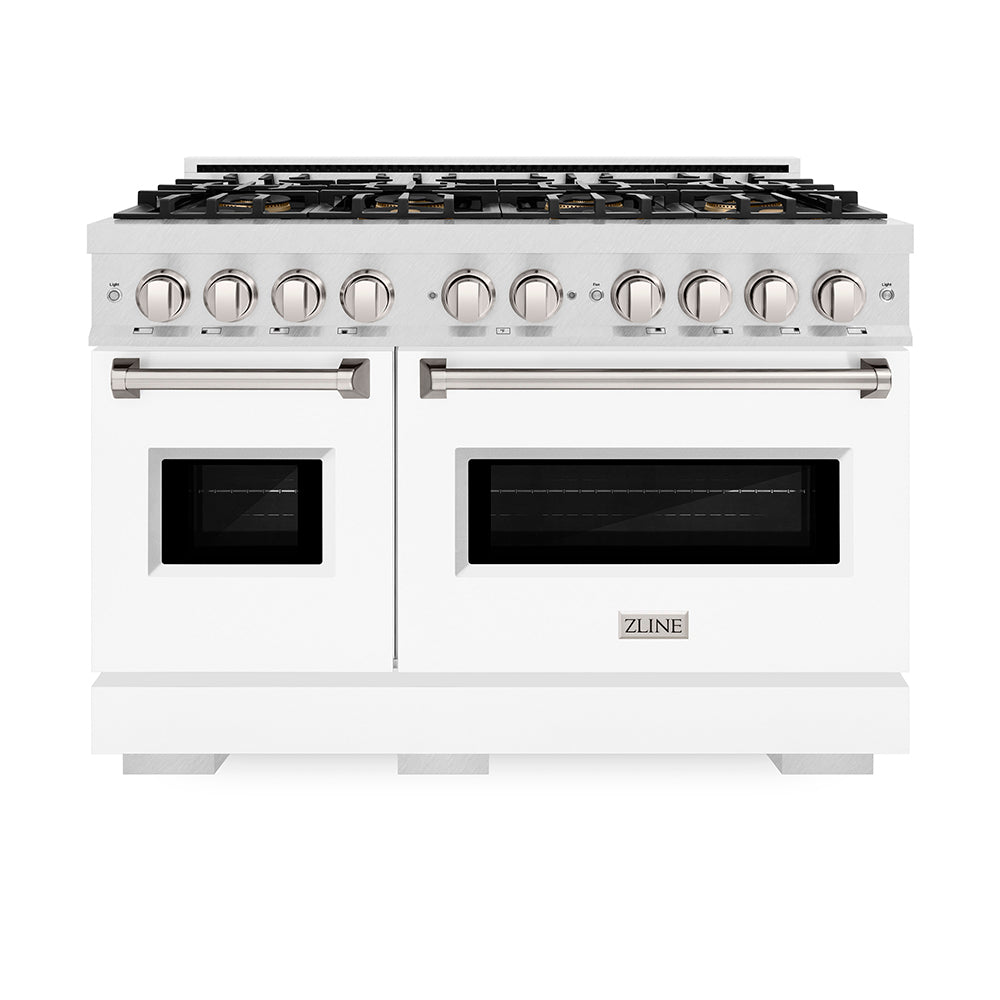 ZLINE 48 in. 6.7 cu. ft. Classic Gas Range with 8 Burner DuoPro™ Cooktop and Dual Ovens in Satin Stainless Steel with White Matte Doors (PCGRS-WM-48) front.