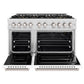 ZLINE 48 in. 6.7 cu. ft. Classic Gas Range with 8 Burner DuoPro™ Cooktop and Dual Ovens in Satin Stainless Steel with White Matte Doors (PCGRS-WM-48) front, oven open.