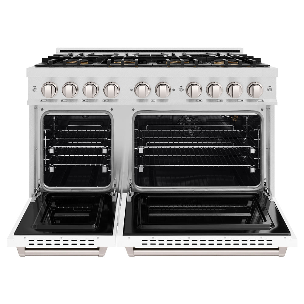ZLINE 48 in. 6.7 cu. ft. Classic Gas Range with 8 Burner DuoPro™ Cooktop and Dual Ovens in Satin Stainless Steel with White Matte Doors (PCGRS-WM-48) front, oven open.