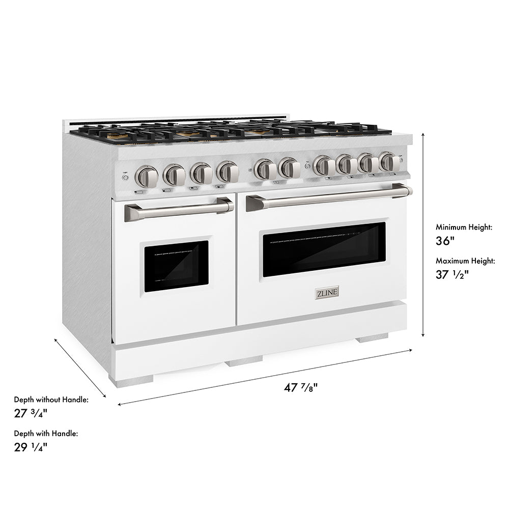 ZLINE 48 in. 6.7 cu. ft. Classic Gas Range with 8 Burner DuoPro™ Cooktop and Dual Ovens in Satin Stainless Steel with White Matte Doors (PCGRS-WM-48) dimensional measurements.