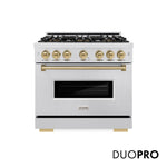 ZLINE Autograph Edition 36 in. 5.2 cu. ft. Classic Gas Range with 6 Burner DuoPro™ Cooktop and Convection Gas Oven in Satin Stainless Steel and Champagne Bronze Accents, Open Box-Great Condition