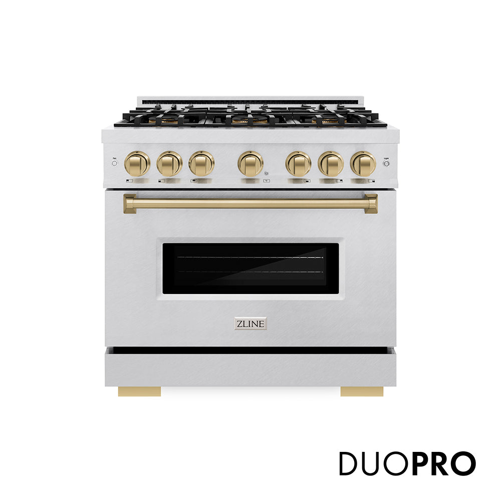 ZLINE Autograph Edition 36 in. 5.2 cu. ft. Classic Gas Range with 6 Burner DuoPro™ Cooktop and Convection Gas Oven in Satin Stainless Steel and Champagne Bronze Accents, Open Box-Great Condition