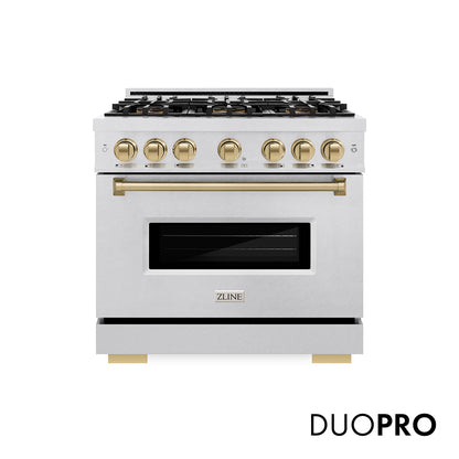 ZLINE Autograph Edition 36 in. 5.2 cu. ft. Classic Gas Range with 6 Burner DuoPro™ Cooktop and Convection Gas Oven in Satin Stainless Steel and Champagne Bronze Accents, Open Box-Great Condition