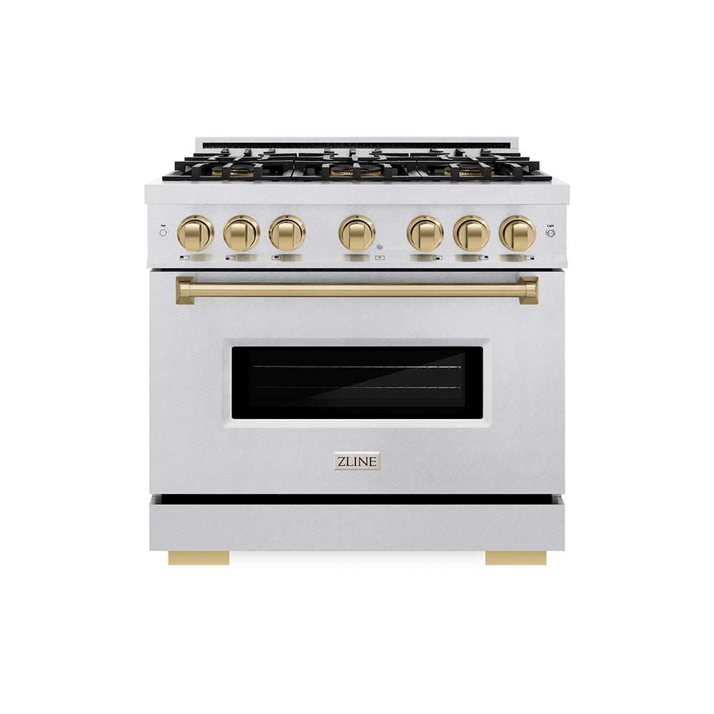 ZLINE Autograph Edition 36 in. 5.2 cu. ft. Classic Gas Range with 6 Burner DuoPro™ Cooktop and Convection Gas Oven in Satin Stainless Steel and Champagne Bronze Accents (PCGRSZ-36-CB) front, oven closed.
