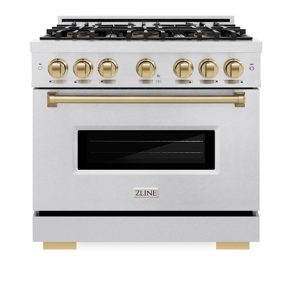 ZLINE Autograph Edition 36 in. 5.2 cu. ft. Classic Gas Range with 6 Burner DuoPro™ Cooktop and Convection Gas Oven in Satin Stainless Steel and Champagne Bronze Accents, Open Box-Great Condition