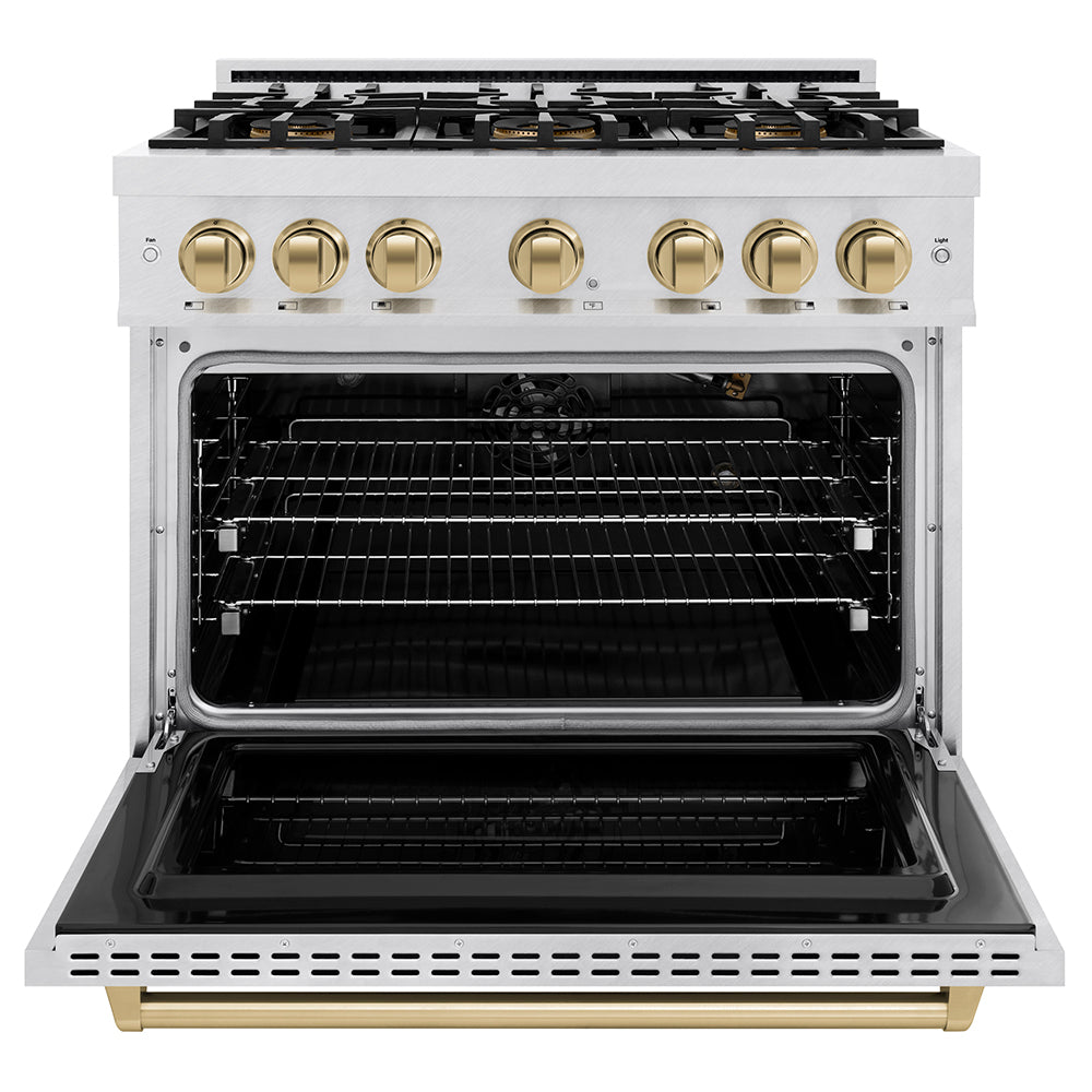 ZLINE Autograph Edition 36 in. 5.2 cu. ft. Classic Gas Range with 6 Burner DuoPro™ Cooktop and Convection Gas Oven in Satin Stainless Steel and Champagne Bronze Accents, Open Box-Great Condition