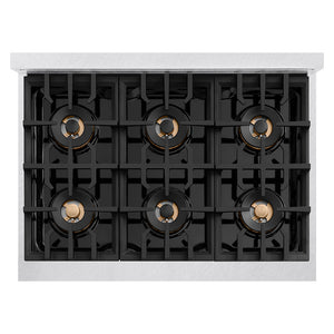 ZLINE Autograph Edition 36 in. 5.2 cu. ft. Classic Gas Range with 6 Burner DuoPro™ Cooktop and Convection Gas Oven in Satin Stainless Steel and Champagne Bronze Accents, Open Box-Great Condition