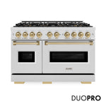 ZLINE Autograph Edition 48 in. 6.7 cu. ft. Classic Gas Range with 8 Burner DuoPro™ Cooktop and Dual Ovens in Satin Stainless Steel and Champagne Bronze Accents, Open Box-Great Condition