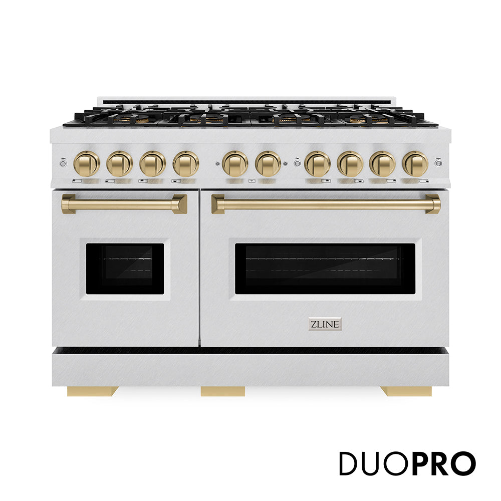 ZLINE Autograph Edition 48 in. 6.7 cu. ft. Classic Gas Range with 8 Burner DuoPro™ Cooktop and Dual Ovens in Satin Stainless Steel and Champagne Bronze Accents, Open Box-Great Condition
