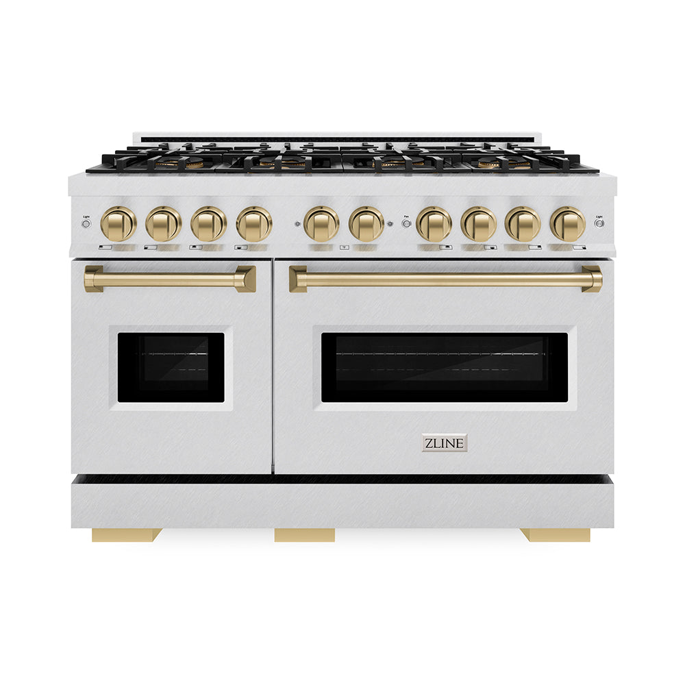 ZLINE Autograph Edition 48 in. 6.7 cu. ft. Classic Gas Range with 8 Burner DuoPro™ Cooktop and Dual Ovens in Satin Stainless Steel and Champagne Bronze Accents, Open Box-Great Condition