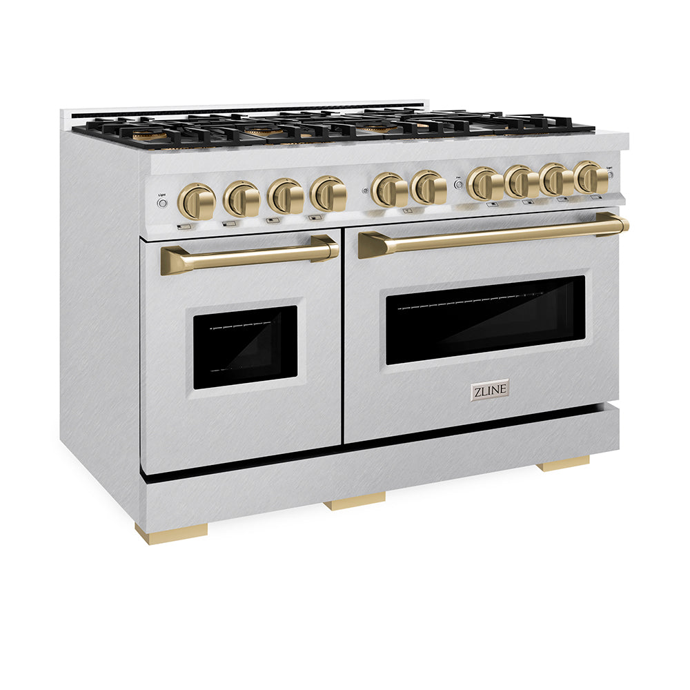 ZLINE Autograph Edition 48 in. 6.7 cu. ft. Classic Gas Range with 8 Burner DuoPro™ Cooktop and Dual Ovens in Satin Stainless Steel and Champagne Bronze Accents, Open Box-Great Condition