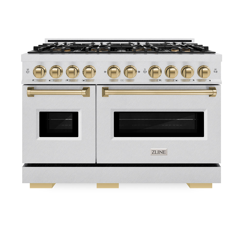 ZLINE Autograph Edition 48 in. 6.7 cu. ft. Classic Gas Range with 8 Burner DuoPro™ Cooktop and Dual Ovens in Satin Stainless Steel and Champagne Bronze Accents, Open Box-Great Condition
