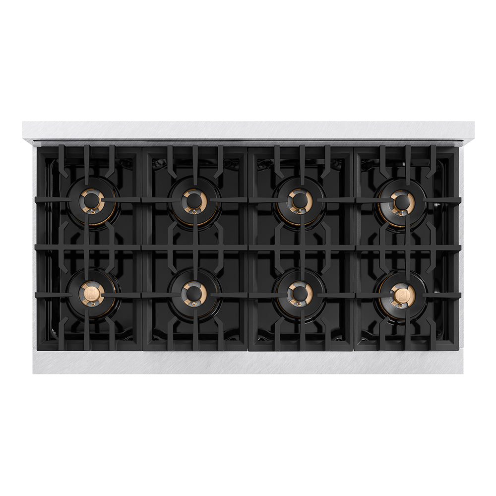 ZLINE Autograph Edition 48 in. 6.7 cu. ft. Classic Gas Range with 8 Burner DuoPro™ Cooktop and Dual Ovens in Satin Stainless Steel and Champagne Bronze Accents, Open Box-Great Condition