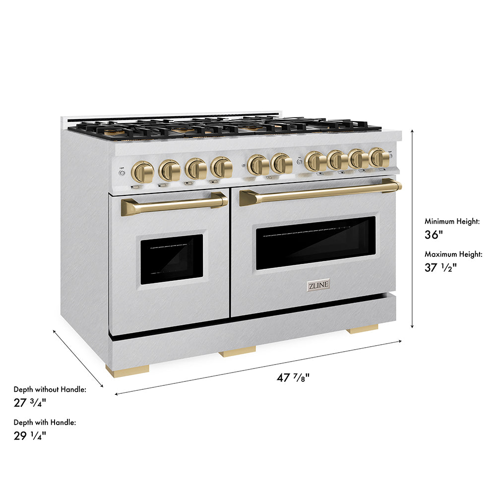 ZLINE Autograph Edition 48 in. 6.7 cu. ft. Classic Gas Range with 8 Burner DuoPro™ Cooktop and Dual Ovens in Satin Stainless Steel and Champagne Bronze Accents, Open Box-Great Condition