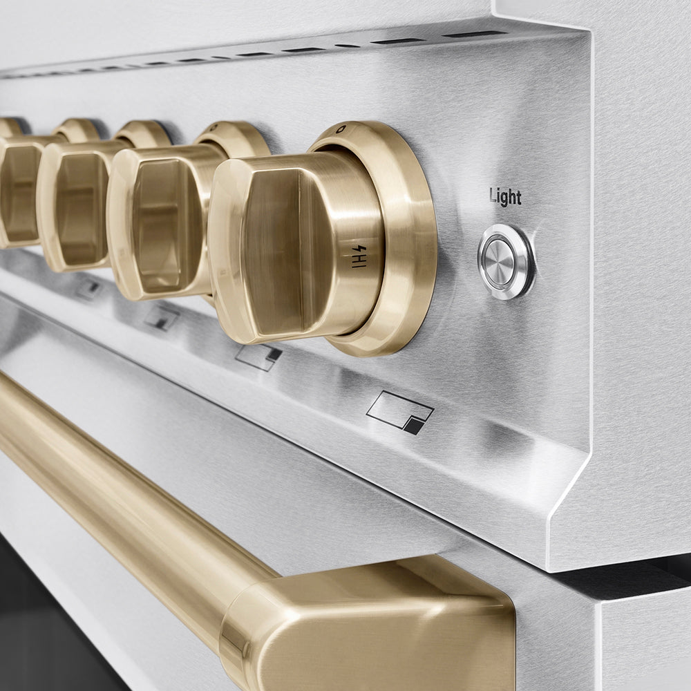 ZLINE Autograph Edition 48 in. 6.7 cu. ft. Classic Gas Range with 8 Burner DuoPro™ Cooktop and Dual Ovens in Satin Stainless Steel and Champagne Bronze Accents, Open Box-Great Condition