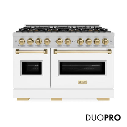 ZLINE Autograph Edition 48 in. 6.7 cu. ft. Classic Gas Range with 8 Burner DuoPro™ Cooktop and Dual Ovens in Satin Stainless Steel with White Matte Doors and Champagne Bronze Accents (PCGRSZ-WM-48-CB)