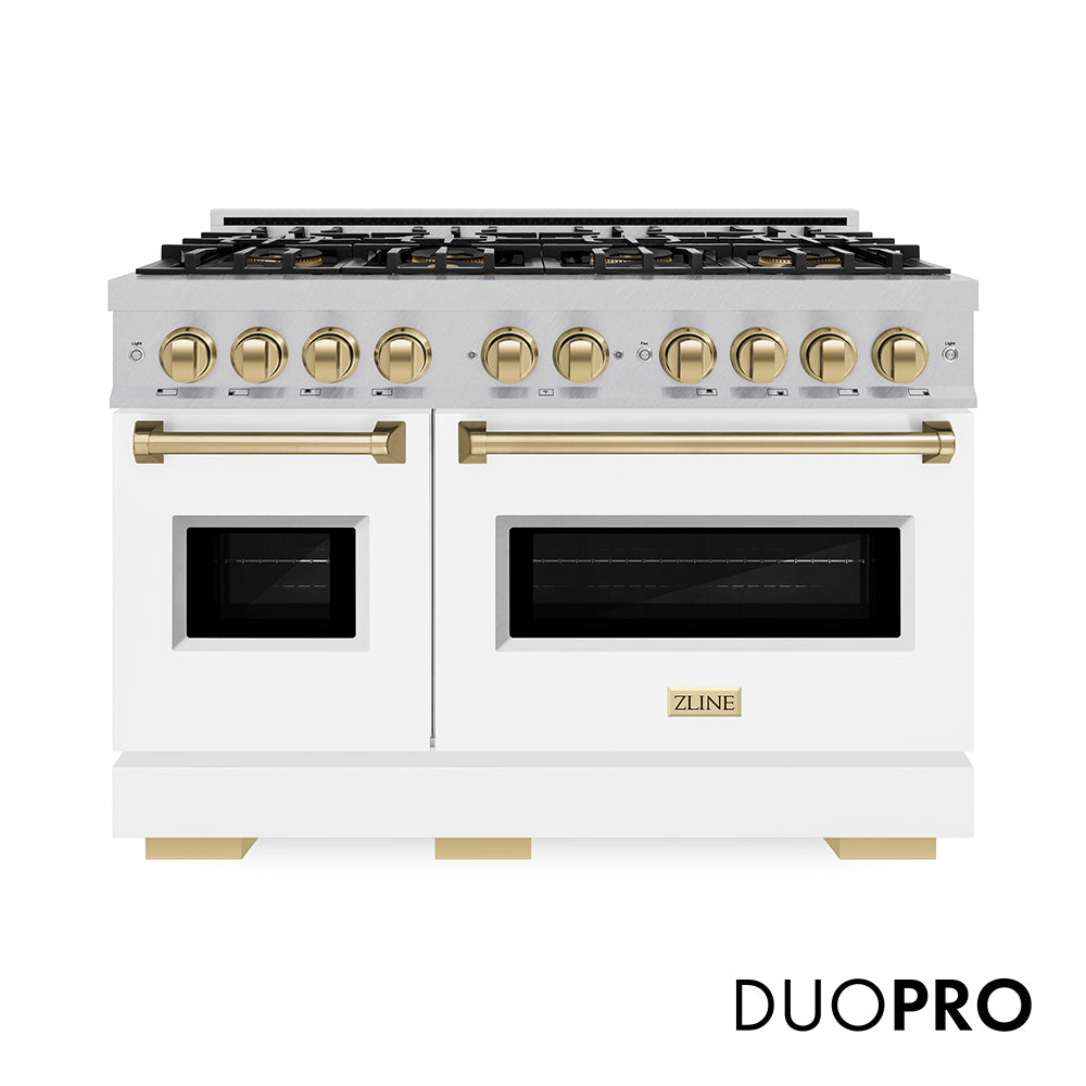 ZLINE Autograph Edition 48 in. 6.7 cu. ft. Classic Gas Range with 8 Burner DuoPro™ Cooktop and Dual Ovens in Satin Stainless Steel with White Matte Doors and Champagne Bronze Accents, Open Box-Great Condition