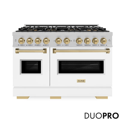 ZLINE Autograph Edition 48 in. 6.7 cu. ft. Classic Gas Range with 8 Burner DuoPro™ Cooktop and Dual Ovens in Satin Stainless Steel with White Matte Doors and Champagne Bronze Accents, Open Box-Great Condition