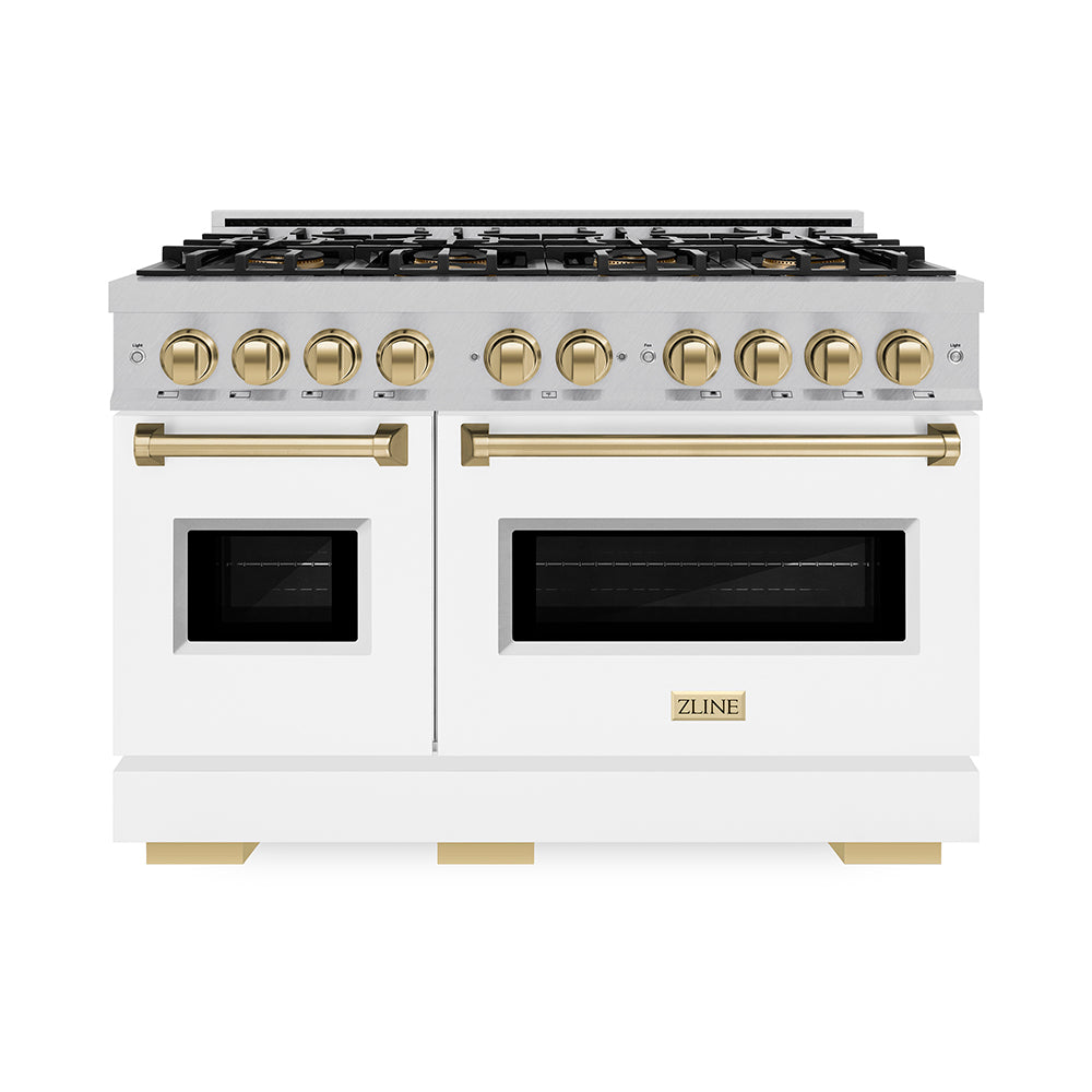 ZLINE Autograph Edition 48 in. 6.7 cu. ft. Classic Gas Range with 8 Burner DuoPro™ Cooktop and Dual Ovens in Satin Stainless Steel with White Matte Doors and Champagne Bronze Accents, Open Box-Great Condition