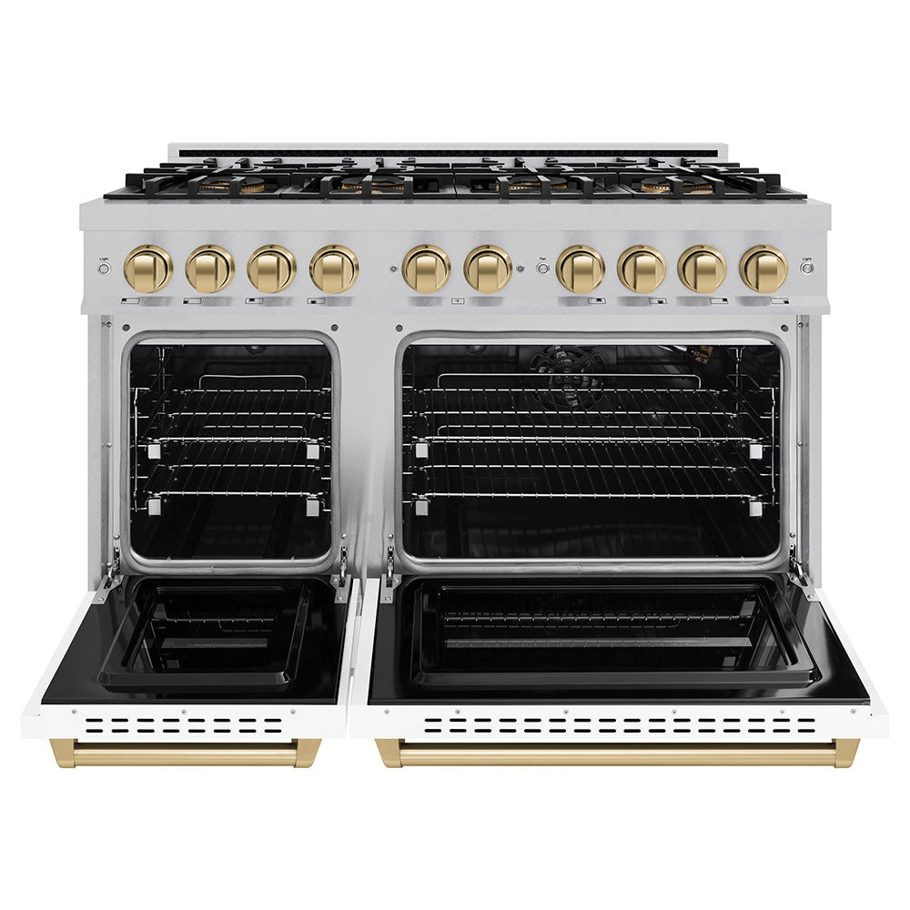 ZLINE Autograph Edition 48 in. 6.7 cu. ft. Classic Gas Range with 8 Burner DuoPro™ Cooktop and Dual Ovens in Satin Stainless Steel with White Matte Doors and Champagne Bronze Accents, Open Box-Great Condition