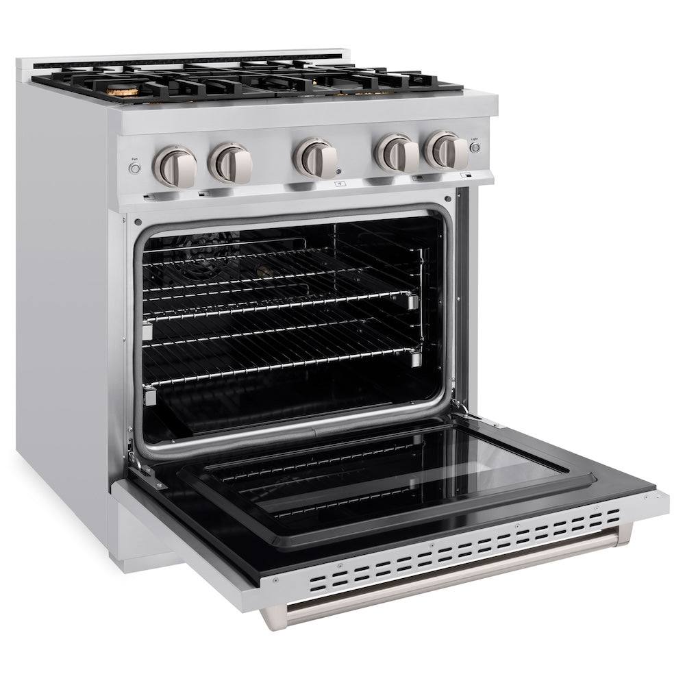 ZLINE 30 in. 4.2 cu. ft. Classic Dual Fuel Range with Gas Cooktop and Electric Convection Oven in Stainless Steel with 4 Brass Burners (CDR-BR-30) side, oven open.