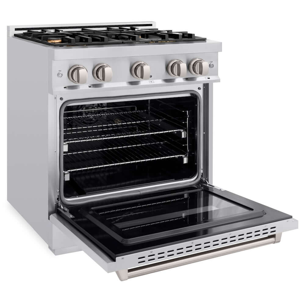 ZLINE 30 in. 4.2 cu. ft. Classic Dual Fuel Range with Gas Cooktop and Electric Convection Oven in Stainless Steel with 4 Brass Burners (CDR-BR-30) side, open.