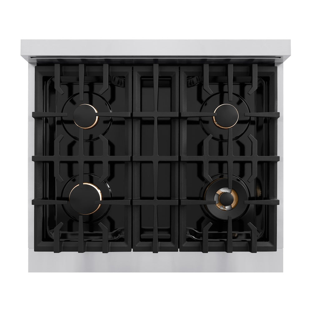 ZLINE 30 in. 4.2 cu. ft. Classic Dual Fuel Range with Gas Cooktop and Electric Convection Oven in Stainless Steel with 4 Brass Burners (CDR-BR-30) top-down, above cooktop.