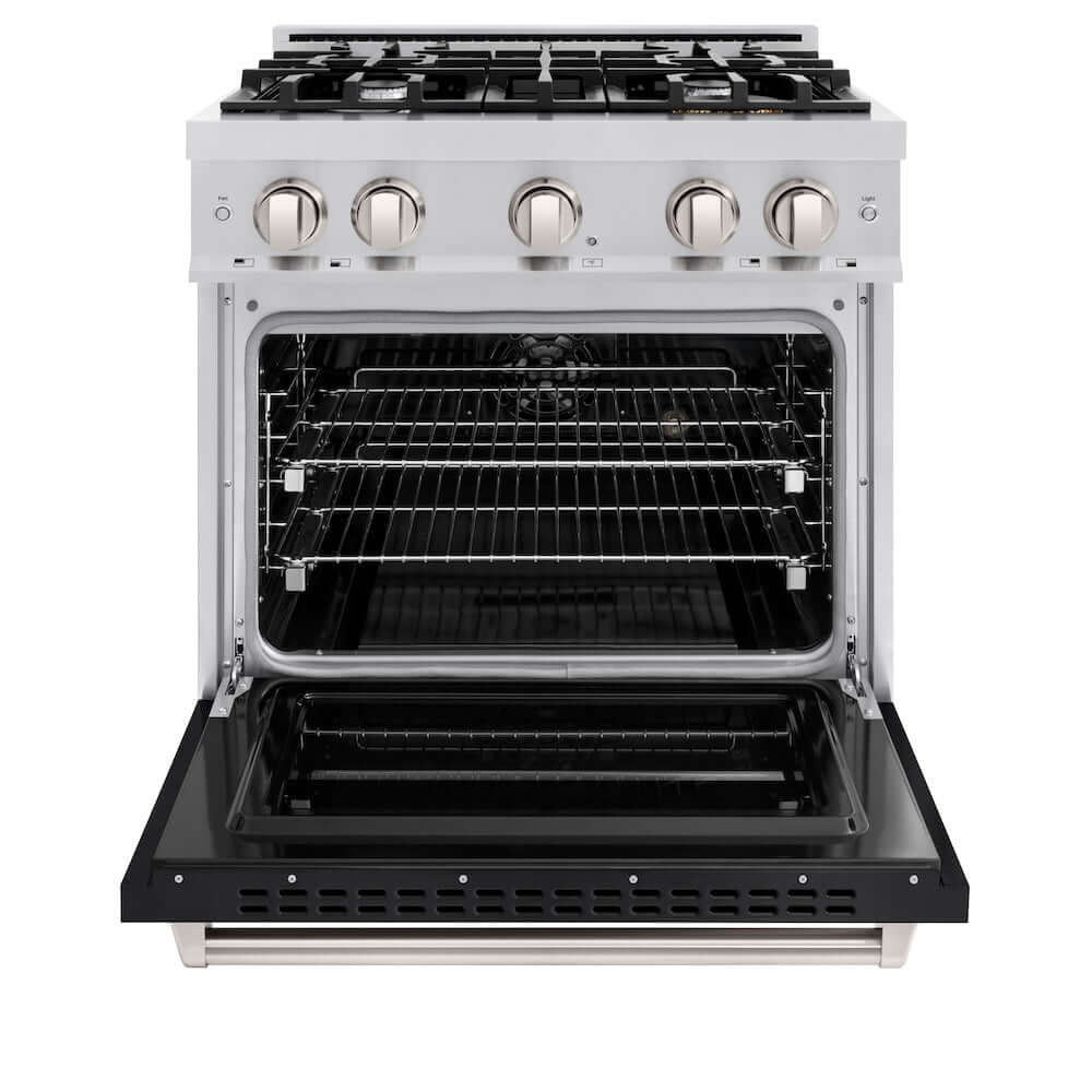 ZLINE 30 in. 4.2 cu. ft. Classic Dual Fuel Range with 4 Burner Gas Cooktop and Electric Convection Oven in Stainless Steel with Black Matte Door (CDR-BLM-30) front, oven open.