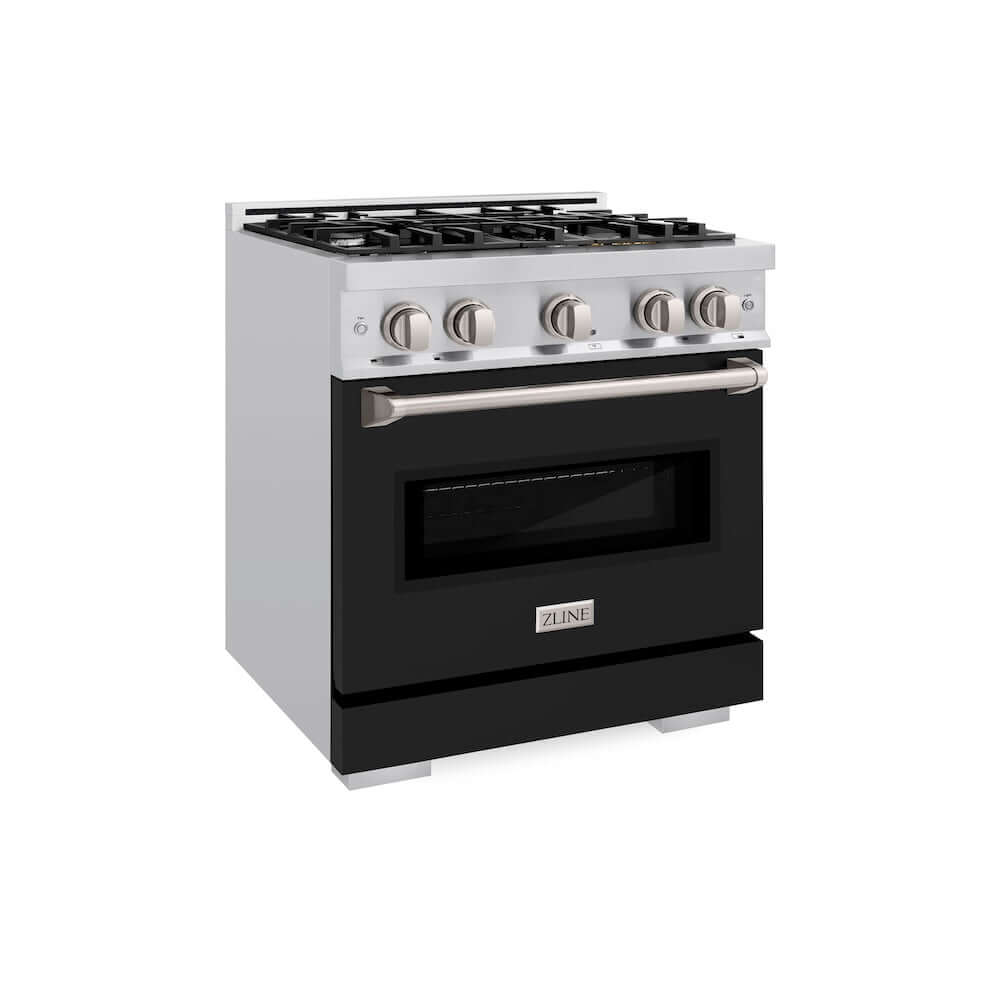 ZLINE 30 in. 4.2 cu. ft. Classic Dual Fuel Range with 4 Burner Gas Cooktop and Electric Convection Oven in Stainless Steel with Black Matte Door (CDR-BLM-30) main image.