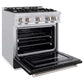 ZLINE 30 in. 4.2 cu. ft. Classic Dual Fuel Range with 4 Burner Gas Cooktop and Electric Convection Oven in Stainless Steel with Black Matte Door (CDR-BLM-30) side, open.