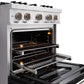 ZLINE 30 in. 4.2 cu. ft. Classic Dual Fuel Range with 4 Burner Gas Cooktop and Electric Convection Oven in Stainless Steel with Black Matte Door (CDR-BLM-30) close-up, oven open with racks extended.