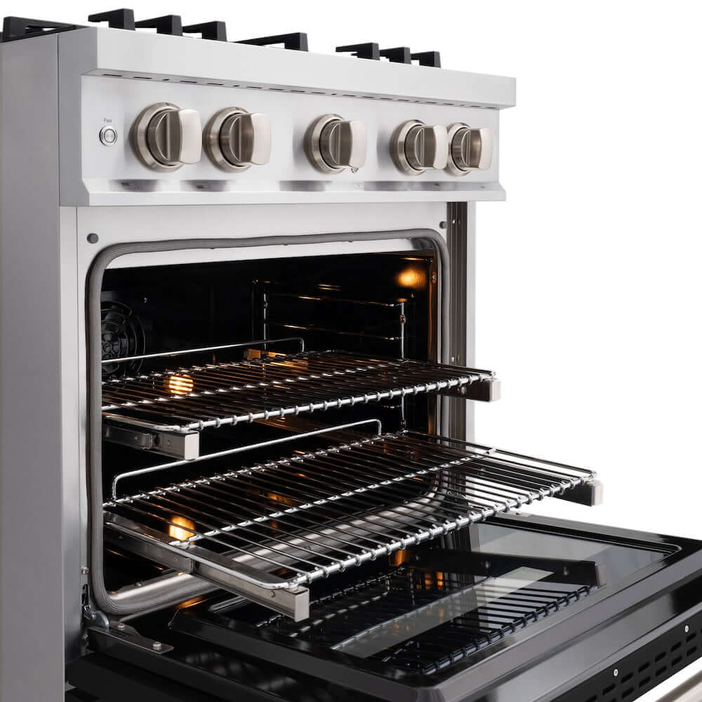 ZLINE 30 in. 4.2 cu. ft. Classic Dual Fuel Range with 4 Burner Gas Cooktop and Electric Convection Oven in Stainless Steel with Black Matte Door (CDR-BLM-30) close-up, oven open with racks extended.
