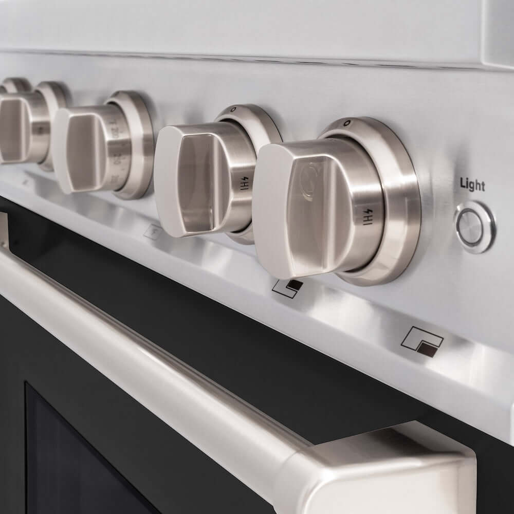 ZLINE 30 in. 4.2 cu. ft. Classic Dual Fuel Range with 4 Burner Gas Cooktop and Electric Convection Oven in Stainless Steel with Black Matte Door (CDR-BLM-30) knobs.