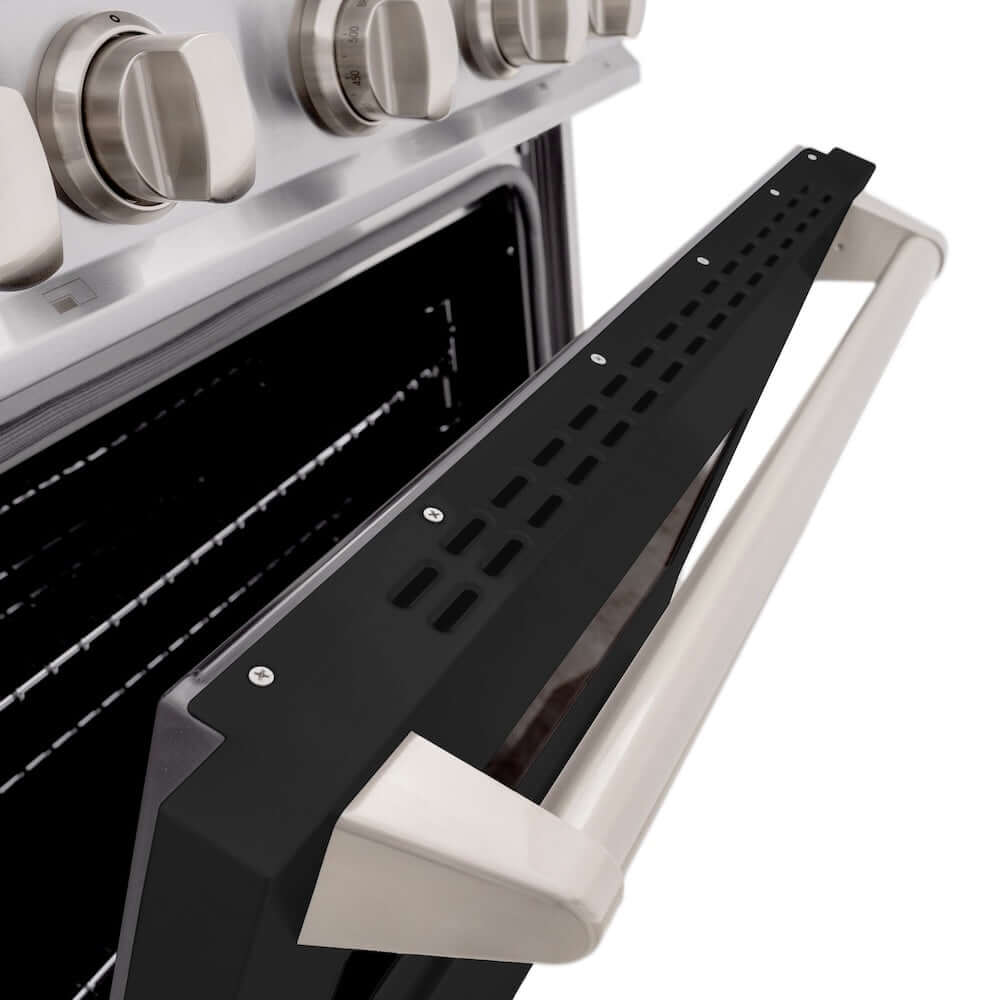 ZLINE 30 in. 4.2 cu. ft. Classic Gas Range with 4 Burner Cooktop and Convection Gas Oven in Stainless Steel with Black Matte Door (CGR-BLM-30) close-up, oven door open.