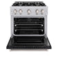 ZLINE 30 in. 4.2 cu. ft. Classic Gas Range with 4 Burner Cooktop and Convection Gas Oven in Stainless Steel with Black Matte Door (CGR-BLM-30) front, oven open.