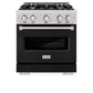ZLINE 30 in. 4.2 cu. ft. Classic Gas Range with 4 Burner Cooktop and Convection Gas Oven in Stainless Steel with Black Matte Door (CGR-BLM-30) front, oven closed.