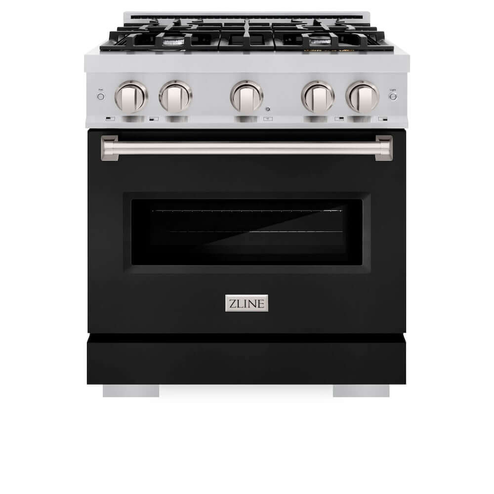 ZLINE 30 in. 4.2 cu. ft. Classic Gas Range with 4 Burner Cooktop and Convection Gas Oven in Stainless Steel with Black Matte Door (CGR-BLM-30) front, oven closed.