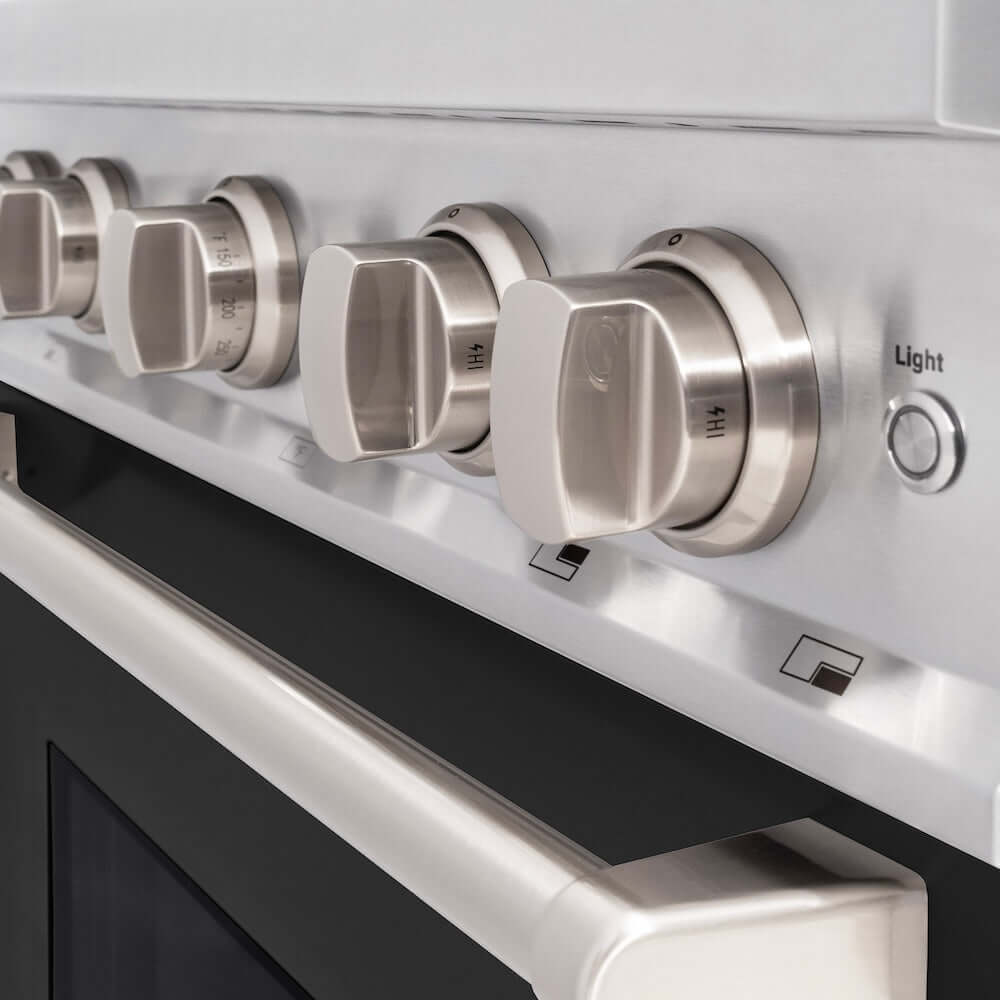 ZLINE 30 in. 4.2 cu. ft. Classic Gas Range with 4 Burner Cooktop and Convection Gas Oven in Stainless Steel with Black Matte Door (CGR-BLM-30) knobs.